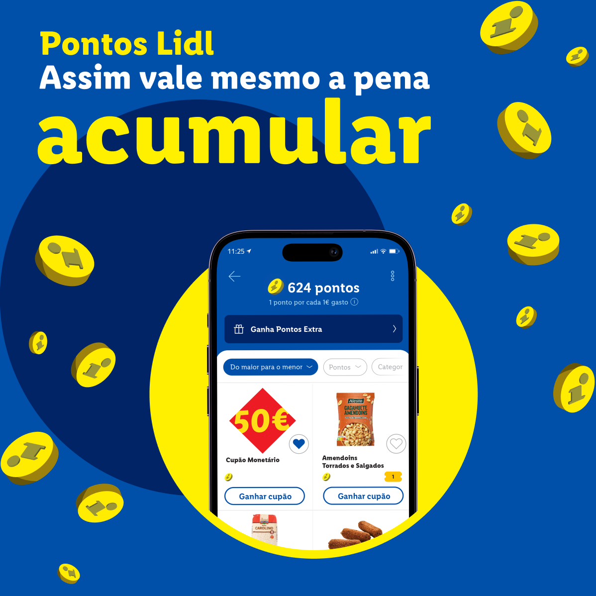 Ecrã de telemóvel com a aplicação de pontos, mostrando 624 pontos e cupões de desconto.