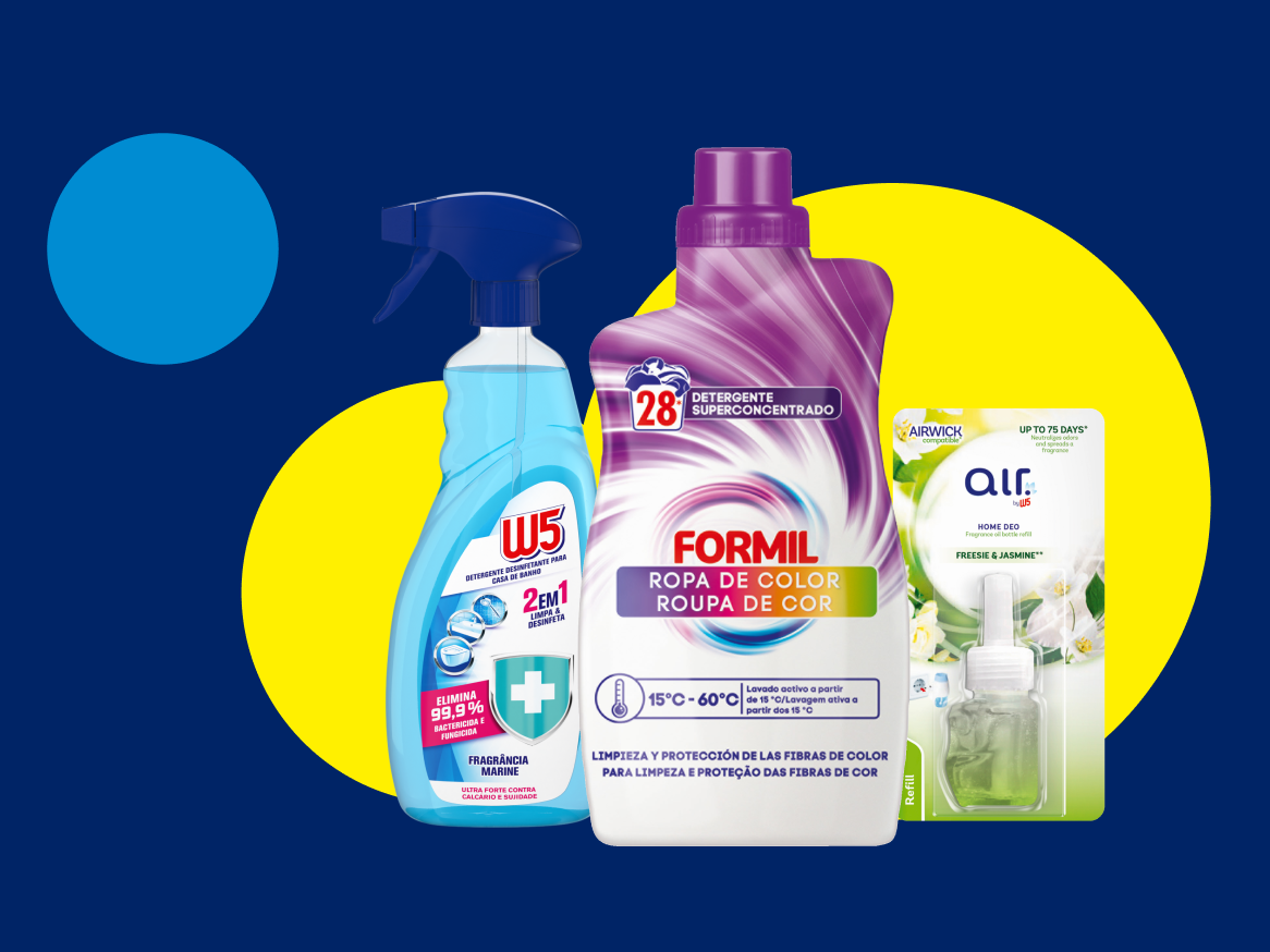 Produtos de limpeza e cuidados domésticos, incluindo W5, Formil e Airwick.