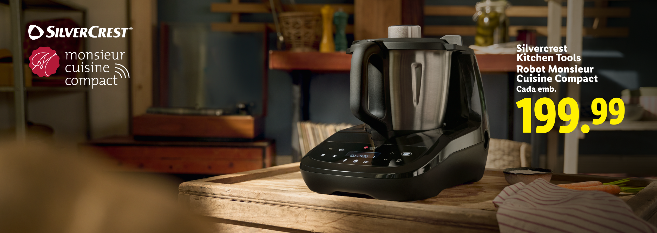 Robô de cozinha compacto em destaque, com o preço de 199,99€, sobre uma mesa de madeira.