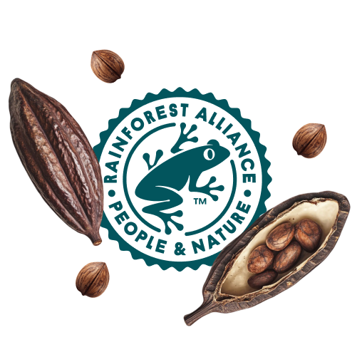 Vagens de cacau e grãos de cacau com o selo Rainforest Alliance.