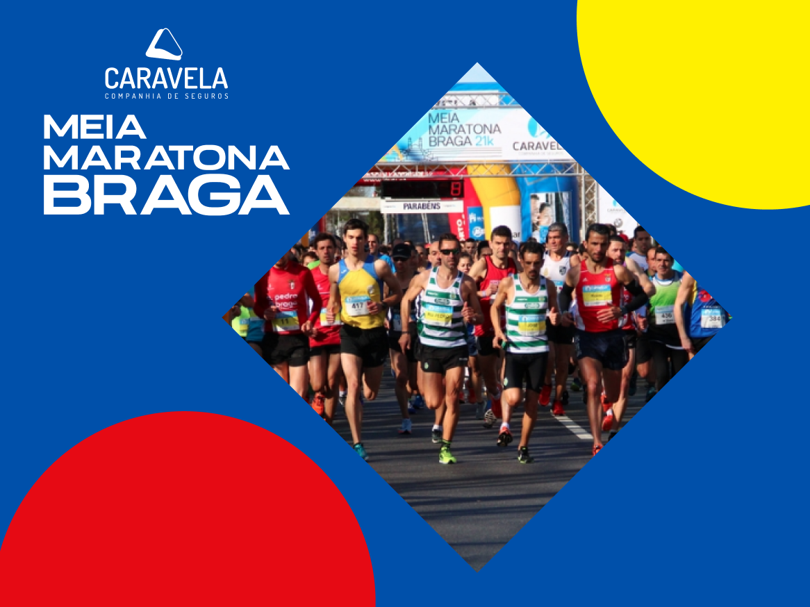 Corredores a participar numa maratona, com texto 'Meia Maratona Braga' e formas geométricas.