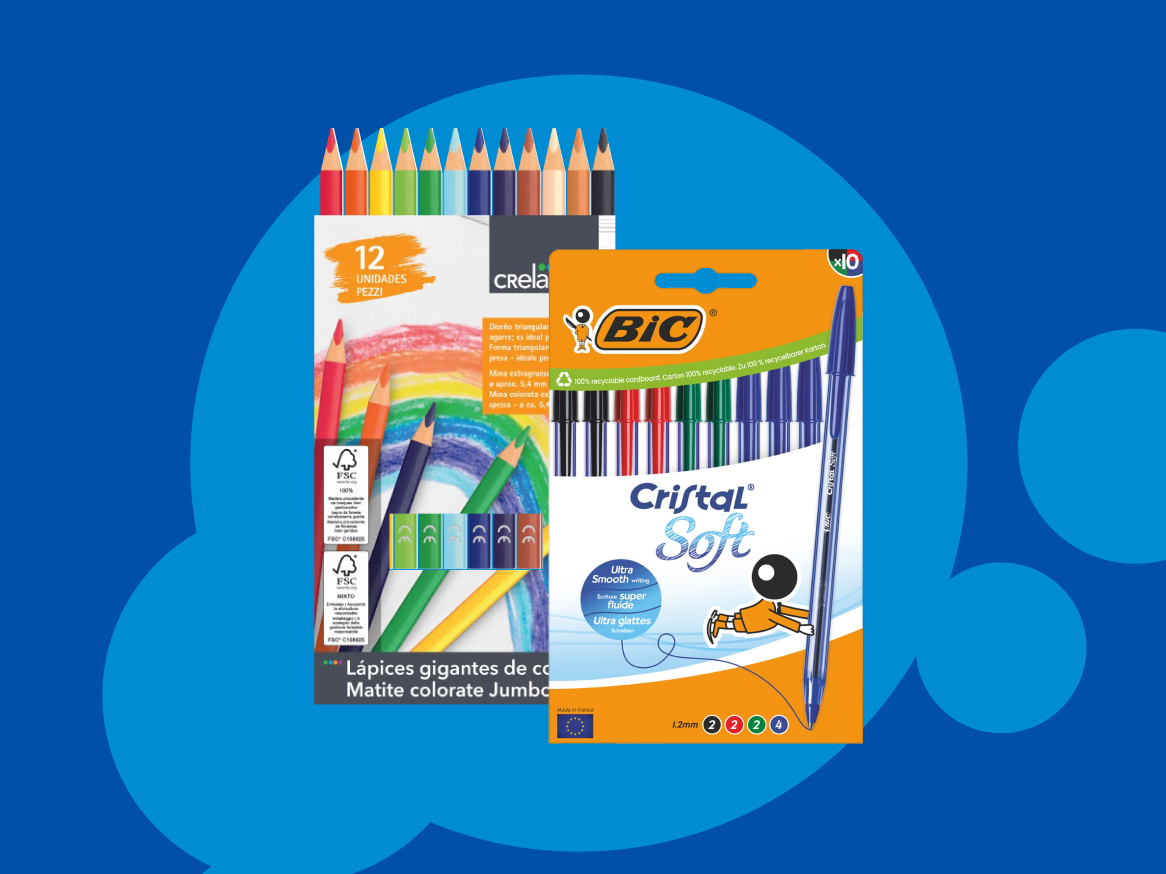 Caixas de lápis de cor Crela e canetas esferográficas BIC Cristal Soft.