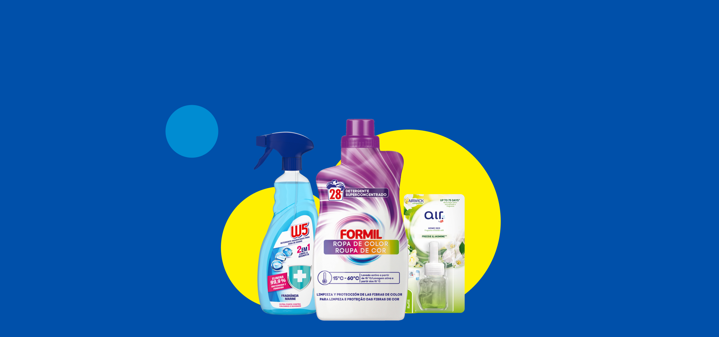 Detergentes para a roupa e spray de limpeza de casa de banho, com ambientador de recarga.