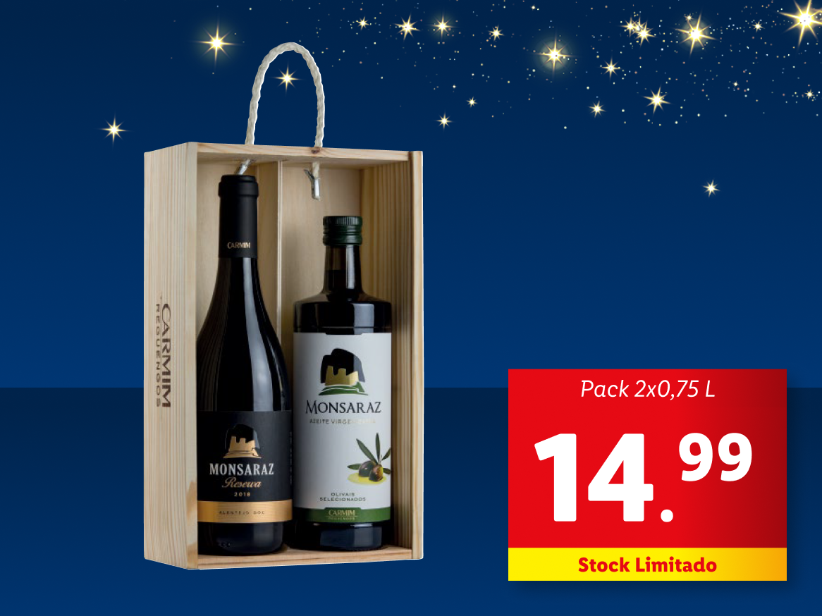 Vinho e azeite Monsaraz em caixa de madeira.