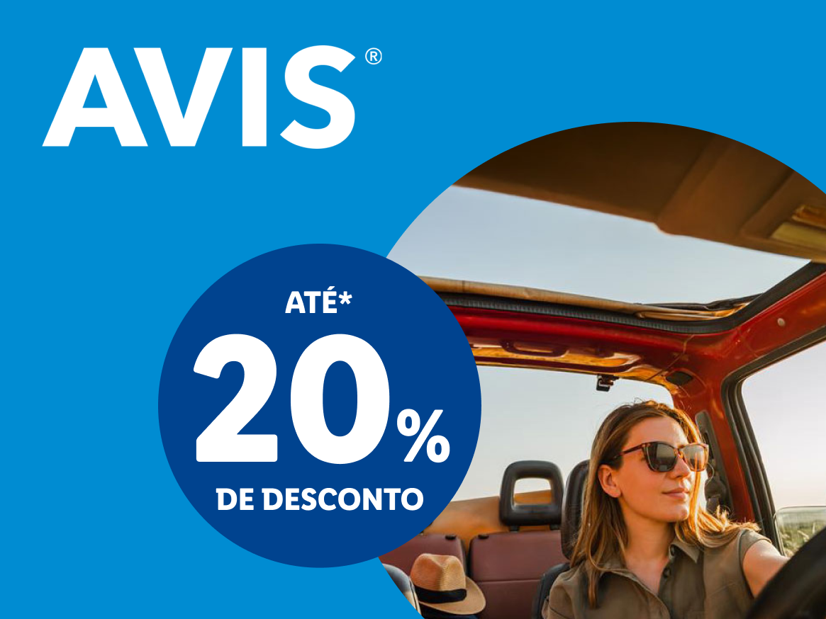 Logótipo da AVIS e uma mulher a conduzir um carro, com um desconto de 20%.