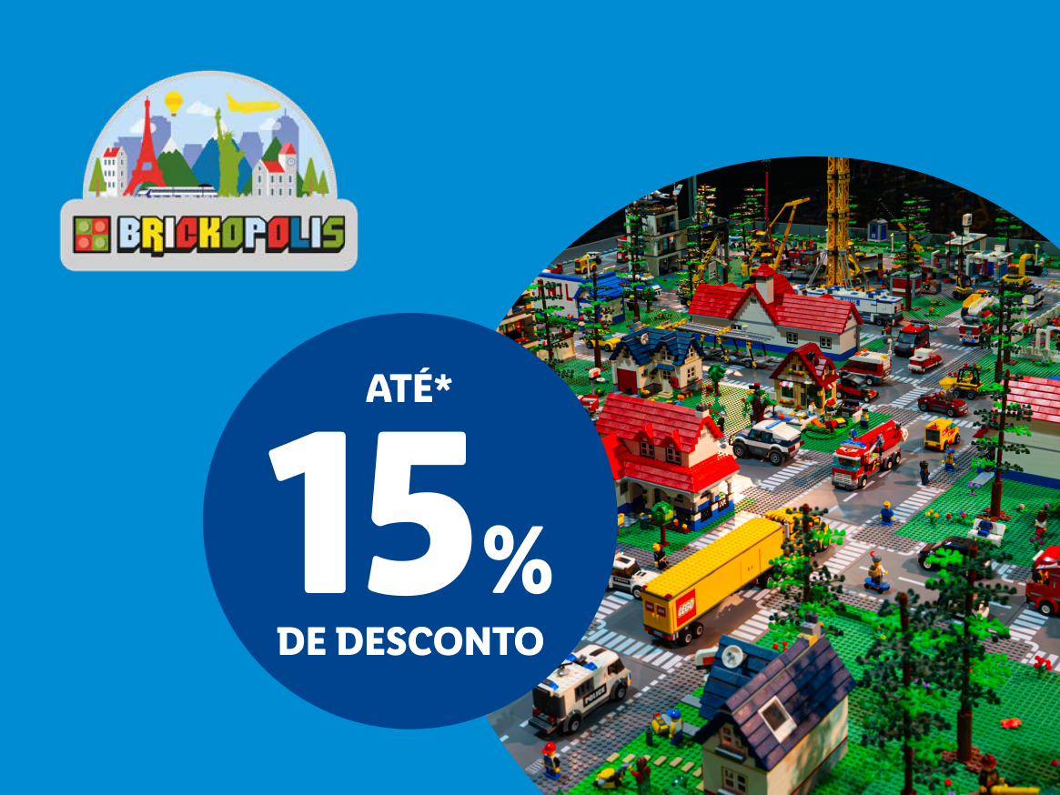 Logótipo da Brickopolis e 15% de desconto sobre uma cidade de Lego.