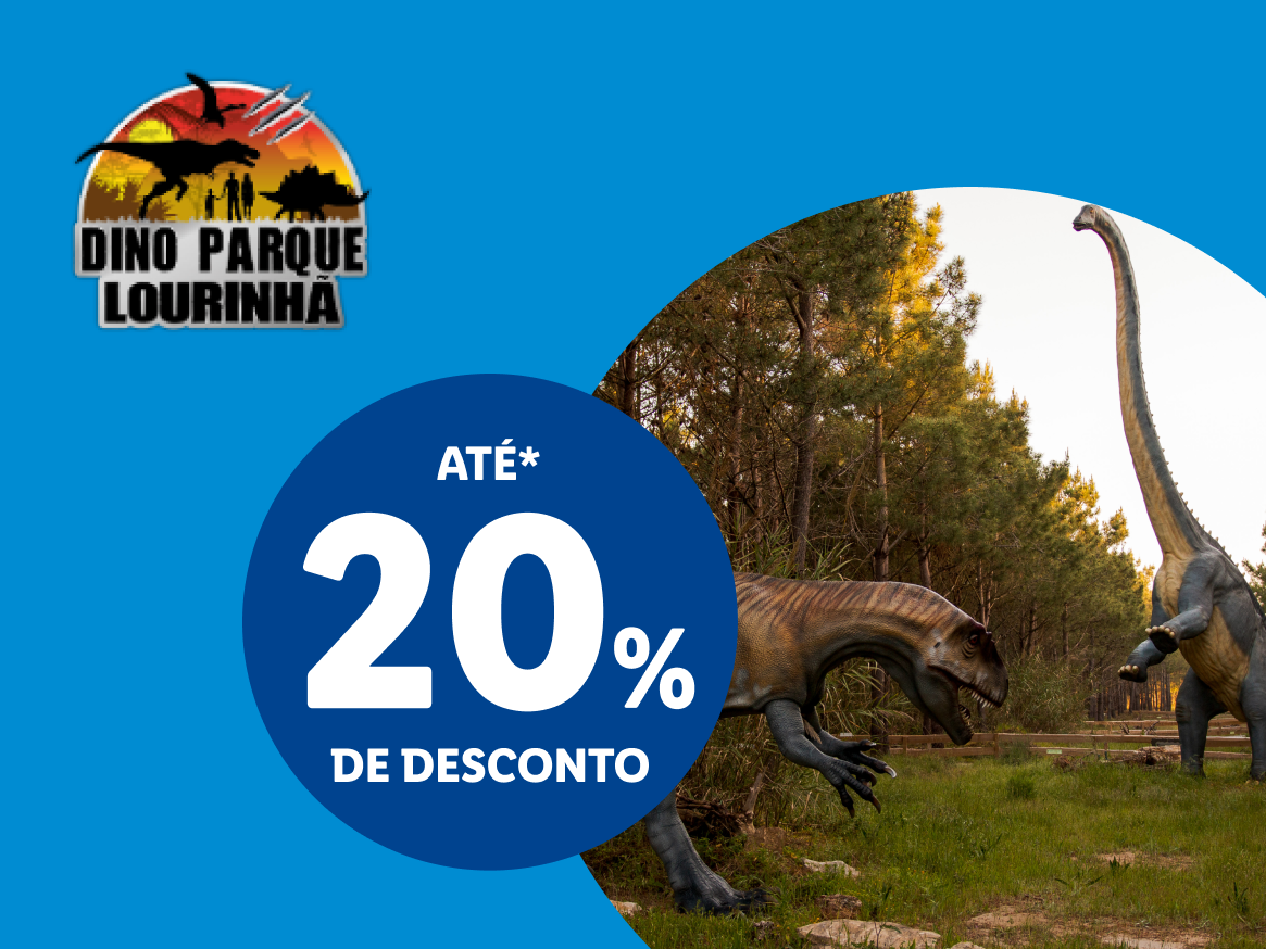 Logótipo do Dino Parque Lourinhã e dinossauros, com um desconto de até 20%.