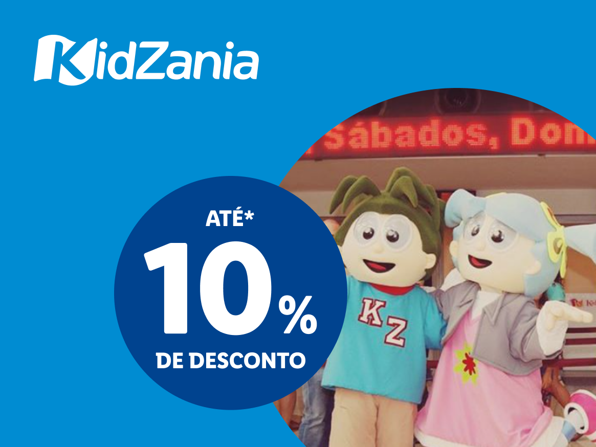 Logótipo KidZania com mascotes e um desconto de até 10%.