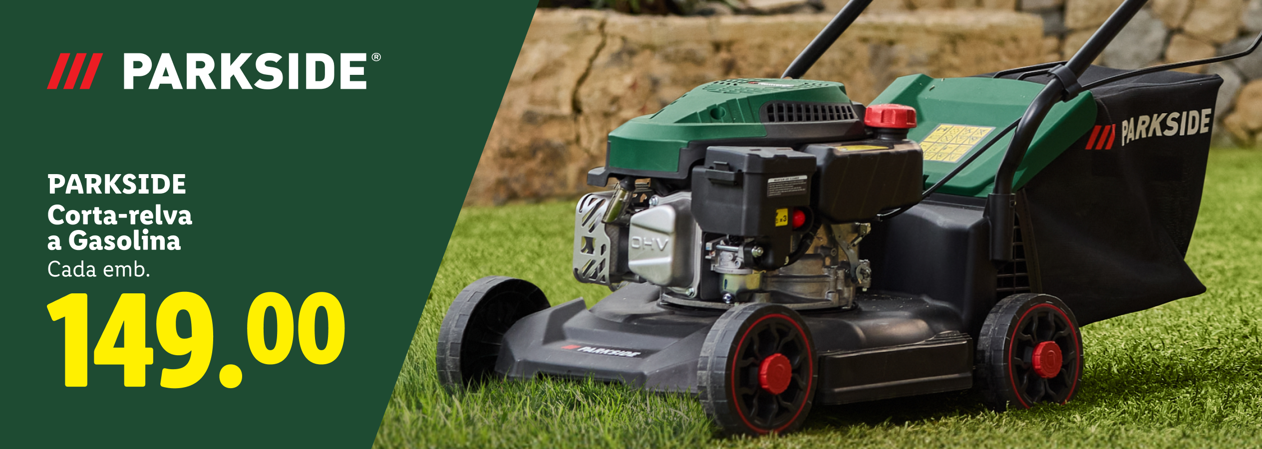 Corta-relva a gasolina em relva verde, com preço de 149,00.