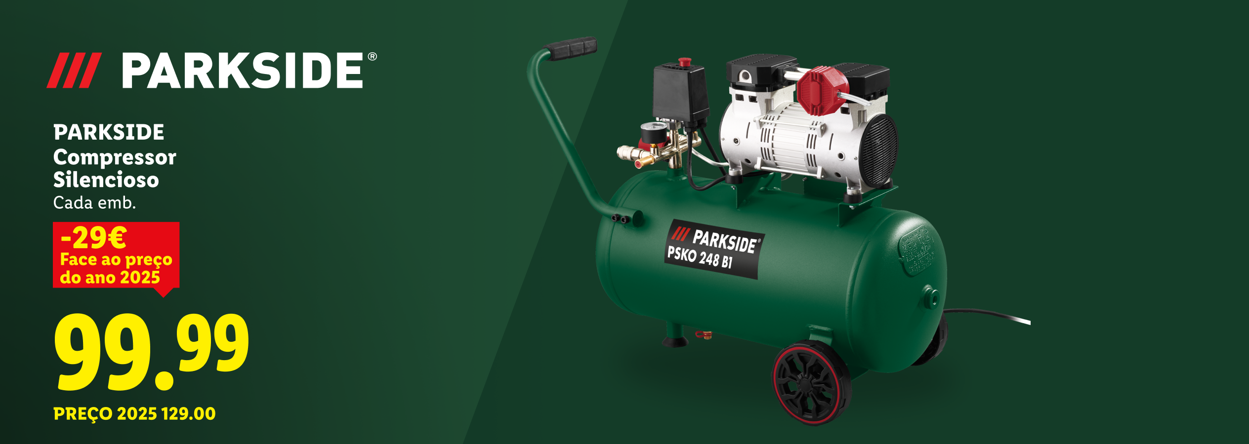 Um compressor de ar silencioso verde com rodas, exibindo um preço promocional de 99,99€.