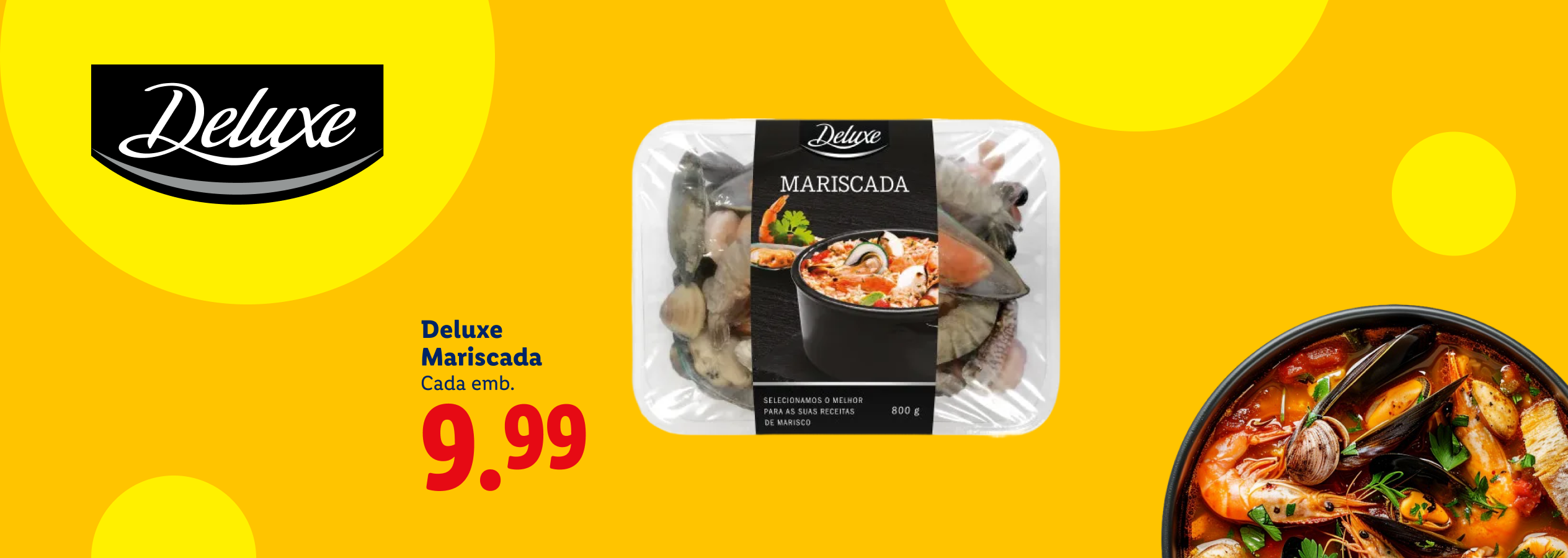 Bandeja de marisco fresco com camarões, mexilhões e amêijoas, com preço de 9,99€ por embalagem de 800g.