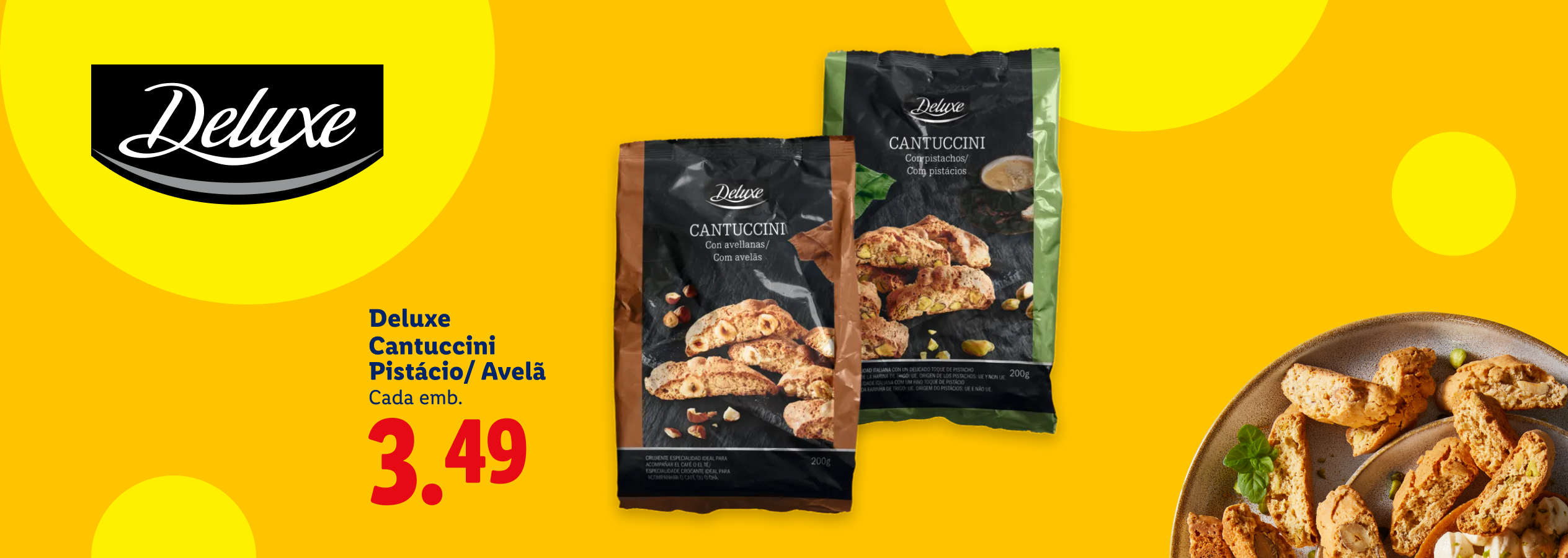 Cantuccini de pistácio e avelã em embalagens de 200g, com preço de 3,49€.