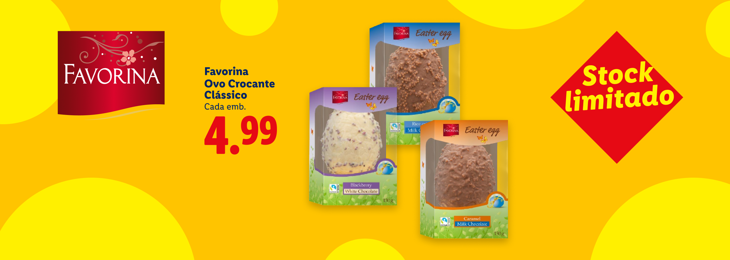 Ovos de Páscoa crocantes de chocolate branco, leite e caramelo, com preço de 4,99€ e stock limitado.