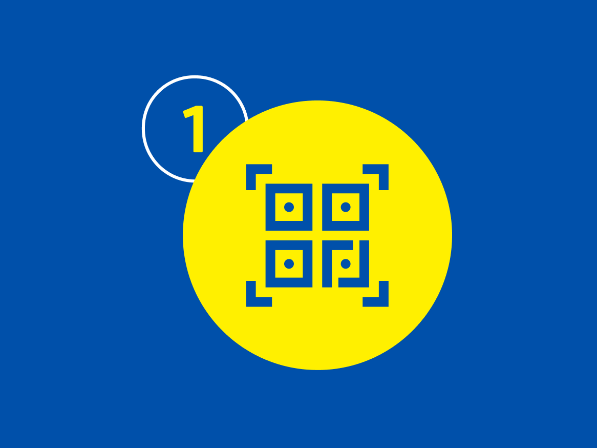 Um círculo amarelo com um código QR azul e um círculo branco com o número 1.