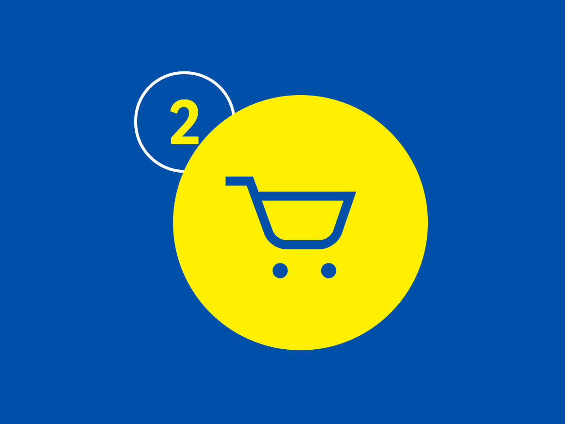 Ícone de carrinho de compras amarelo com o número 2, indicando dois itens no carrinho.