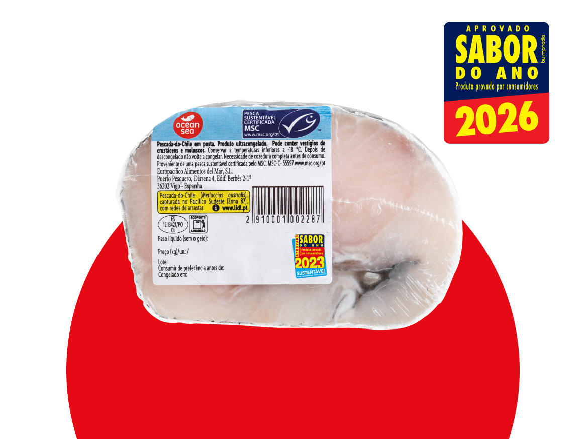 Pescada-do-Chile ultracongelada com selo MSC, aprovada Sabor do Ano 2026 e 2023.
