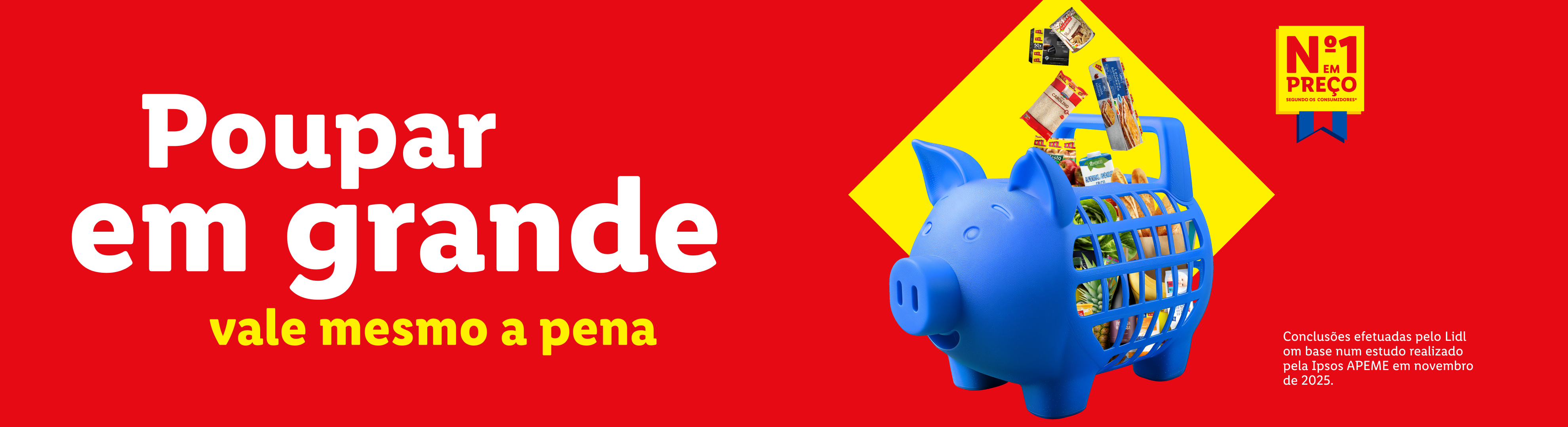 Um porquinho mealheiro azul em forma de carrinho de compras cheio de produtos alimentares, com o texto 'Poupar em grande vale mesmo a pena' e um selo 'Nº1 em Preço'.
