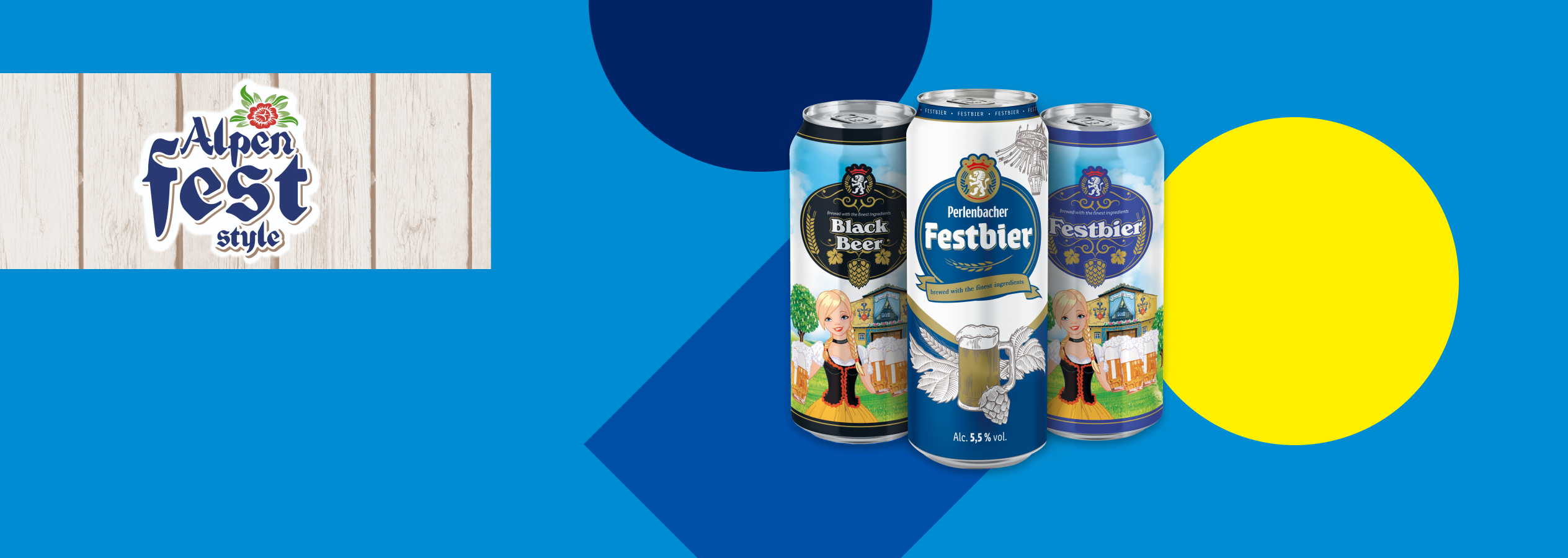 Três latas de cerveja Festbier, incluindo uma Black Beer, com o logótipo 'Alpen Fest style'.