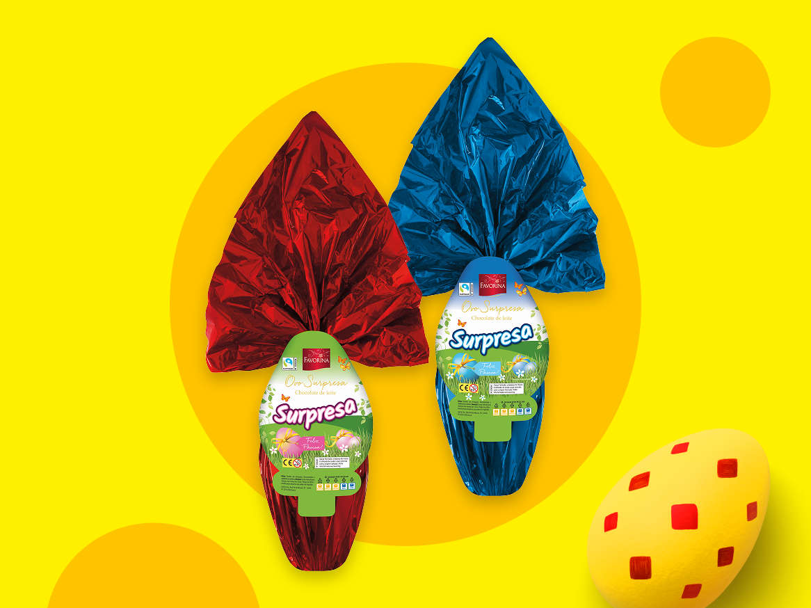 Dois ovos de Páscoa surpresa, um vermelho e um azul, com a inscrição 'Ovo Surpresa'.