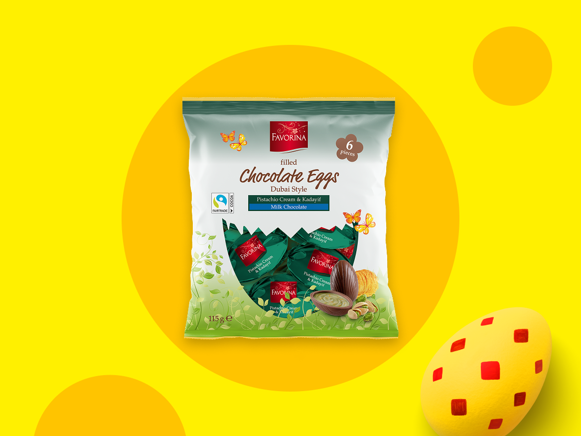 Ovos de chocolate recheados estilo Dubai com creme de pistácio e Kadayif, 6 peças, 115g.