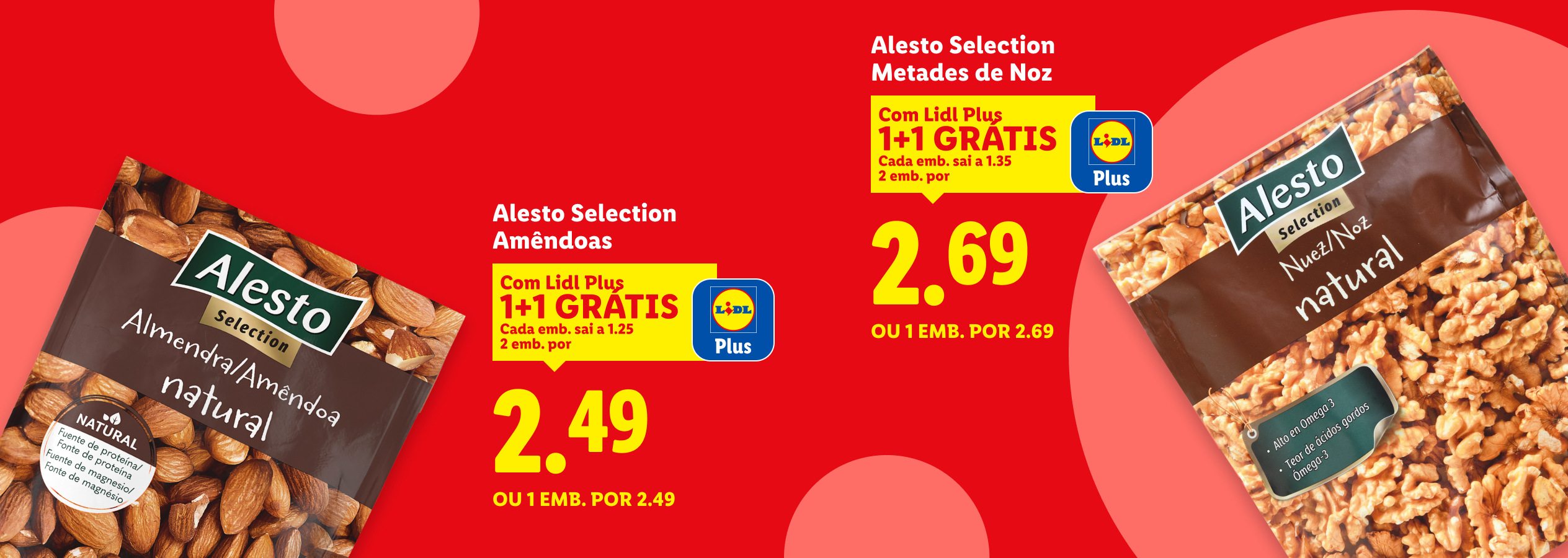Amêndoas e nozes com promoção 1+1 grátis.