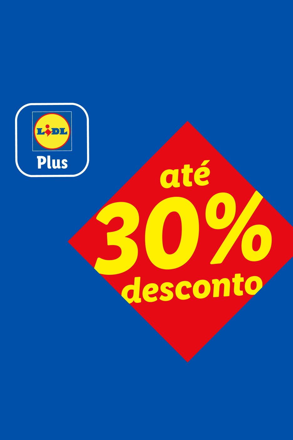 Logótipo Lidl Plus e um diamante vermelho com 'até 30% desconto' em amarelo.