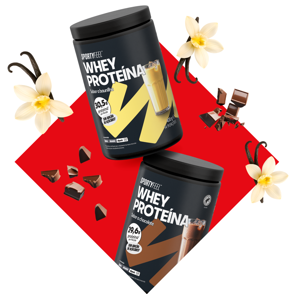 Dois potes de proteína whey Sportyfeel, um de baunilha e outro de chocolate, com ingredientes.