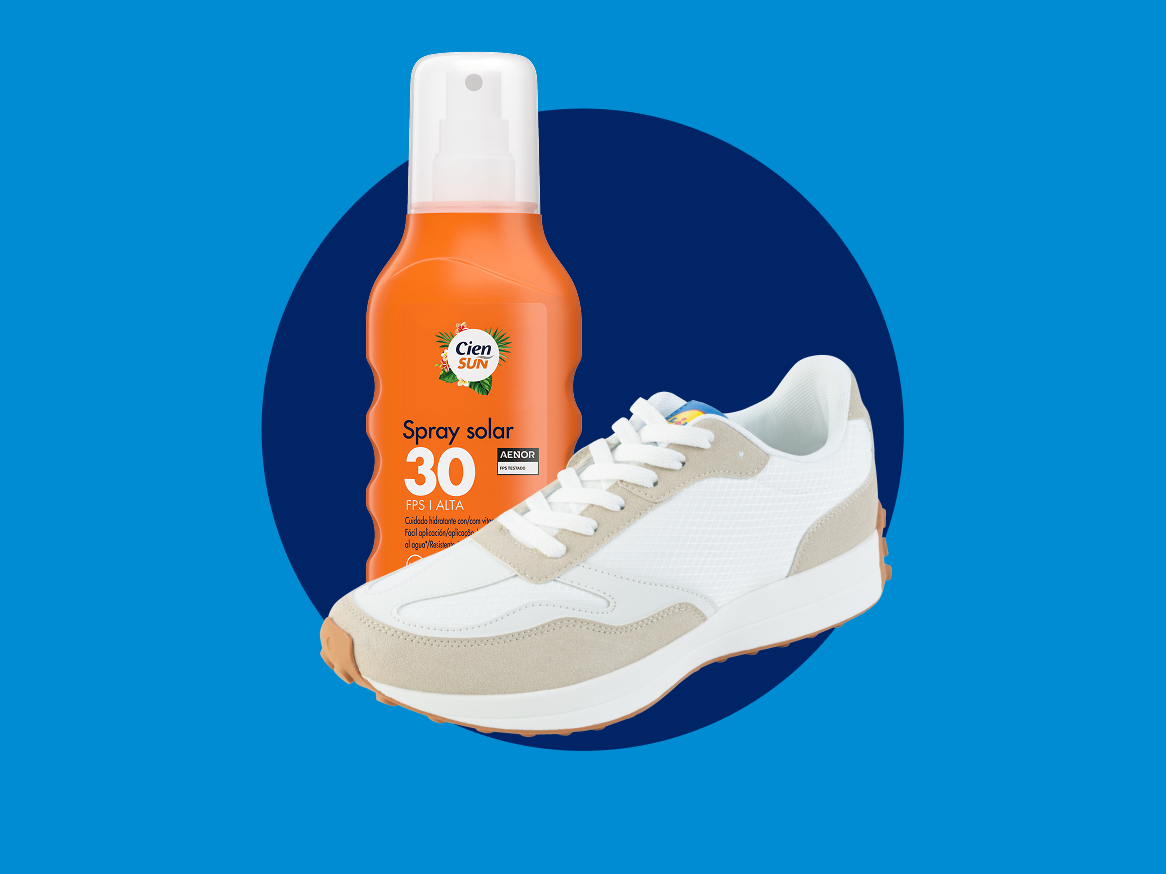 Protetor solar Cien Sun FPS 30 e tênis casual.