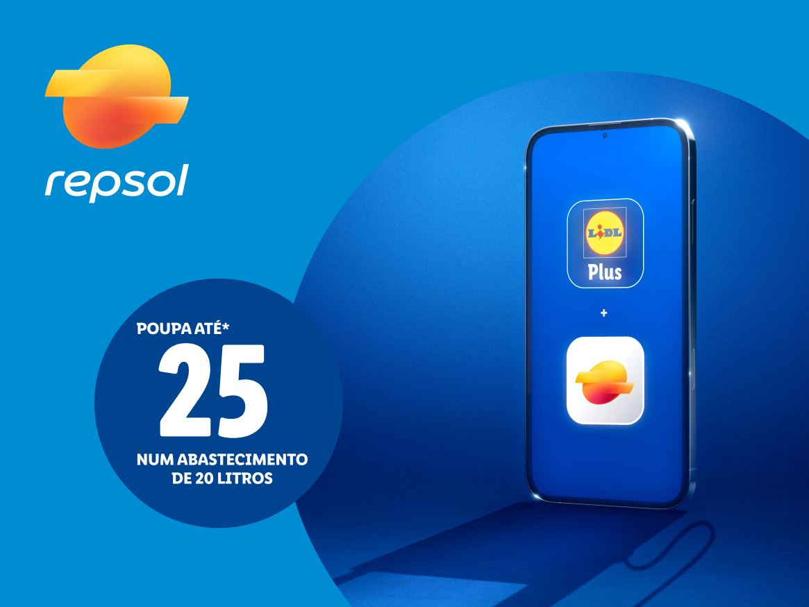 Anúncio da Repsol e Lidl Plus com poupança de 25€ em abastecimento de 20 litros.