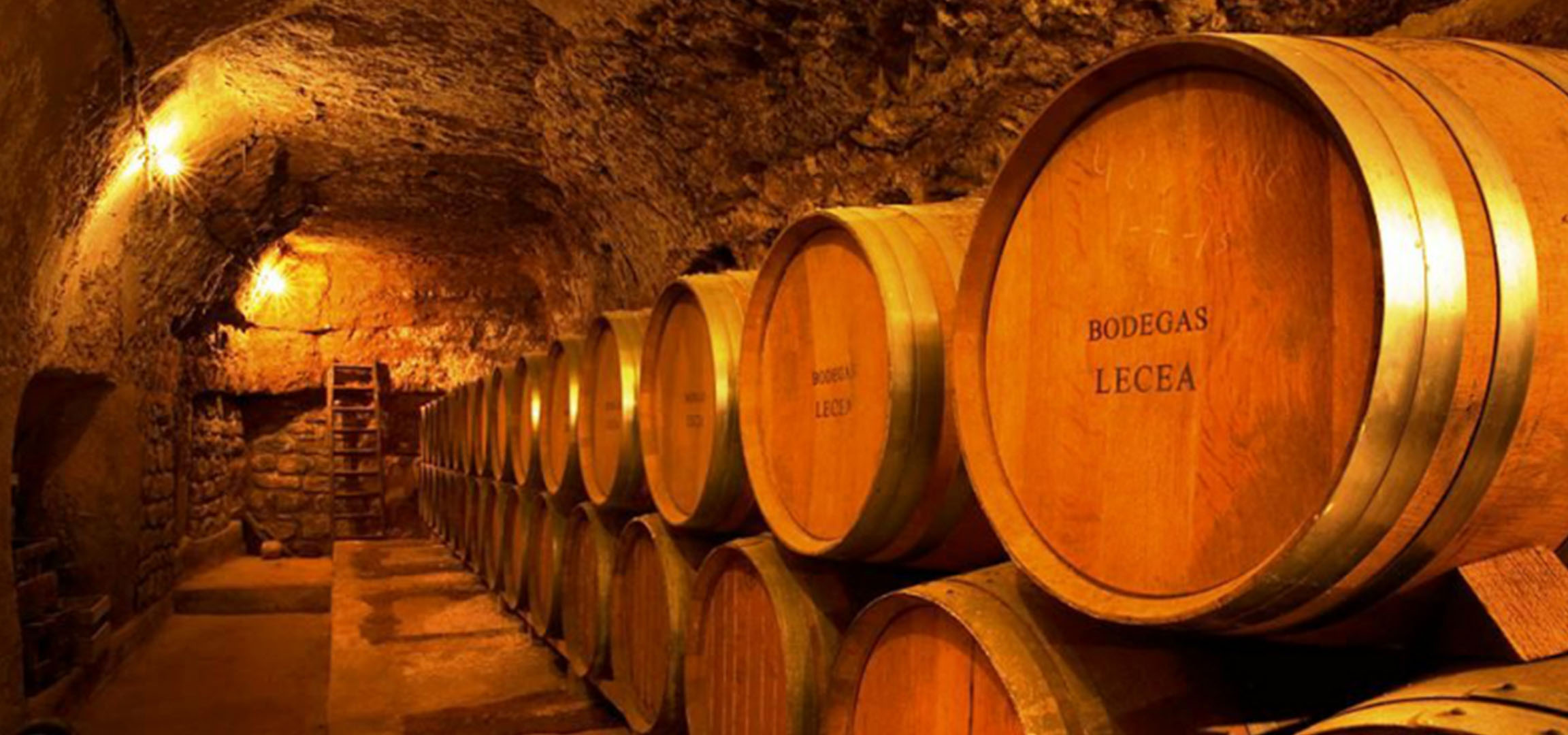 Adega com barris de madeira, alguns rotulados como 'BODEGAS LECEA'