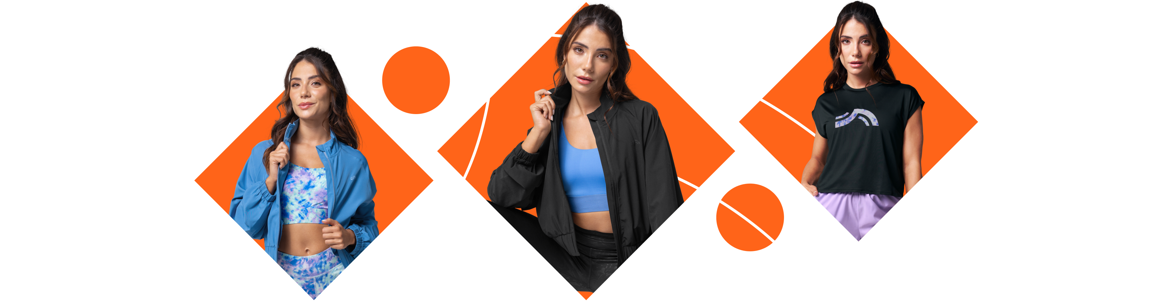 Três mulheres exibindo roupas esportivas, incluindo jaquetas, tops e camisetas.