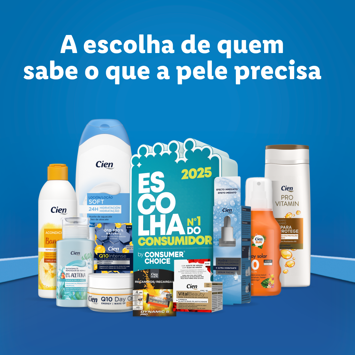 Produtos Cien para cuidados com a pele: loção, creme, soro, protetor solar e champô.