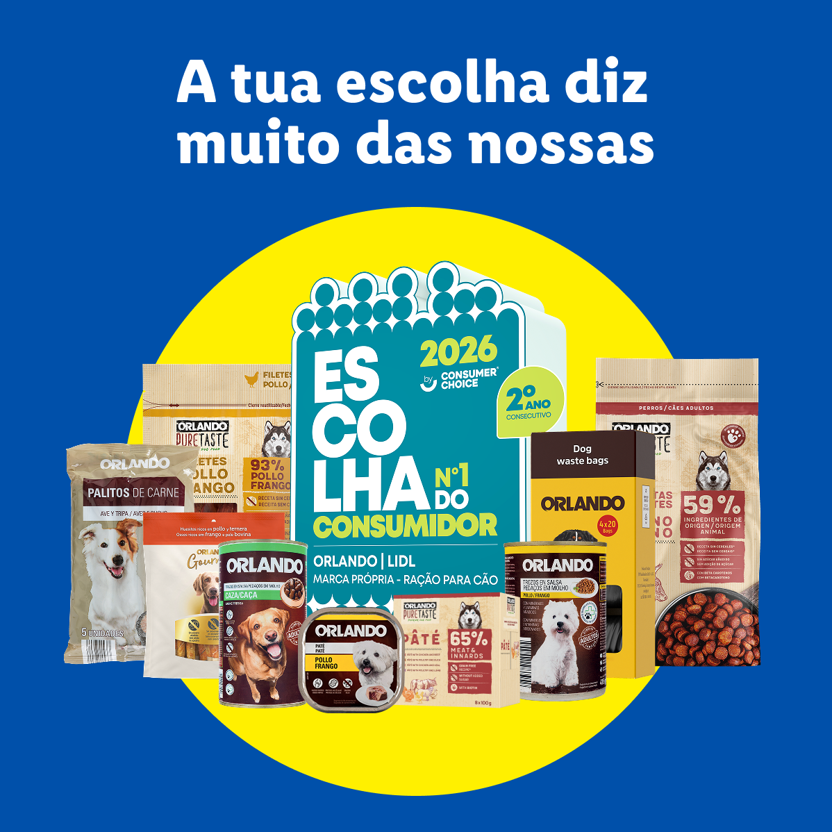 Orlando, marca exclusiva do Lidl, eleita Escolha do Consumidor 2026, com ração, patê e snacks para cães.