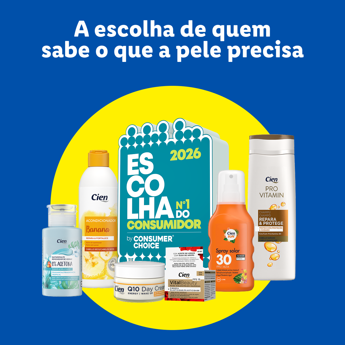 Uma seleção de produtos de cuidado pessoal, incluindo condicionador de banana, champô e protetor solar, com o selo de Escolha do Consumidor 2026.