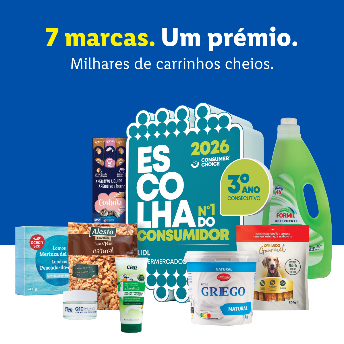 Sete produtos de supermercado premiados, incluindo iogurte grego, detergente e comida para animais.