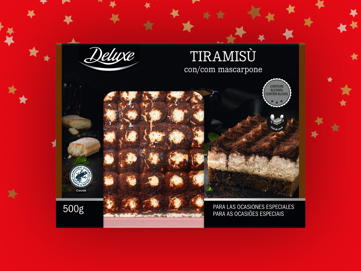 Tiramisù Deluxe com mascarpone, 500g, para ocasiões especiais.