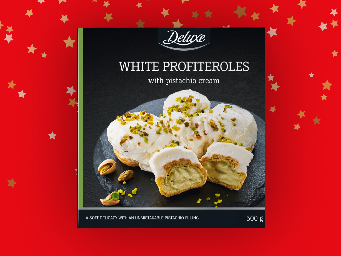 Profiteroles brancos Deluxe com creme de pistácio, 500g.