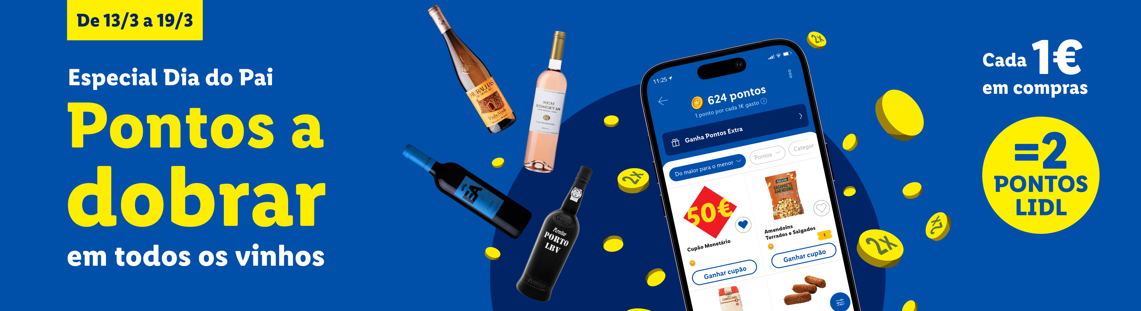 Promoção de Dia do Pai: pontos a dobrar em vinhos, com app Lidl e garrafas de vinho.