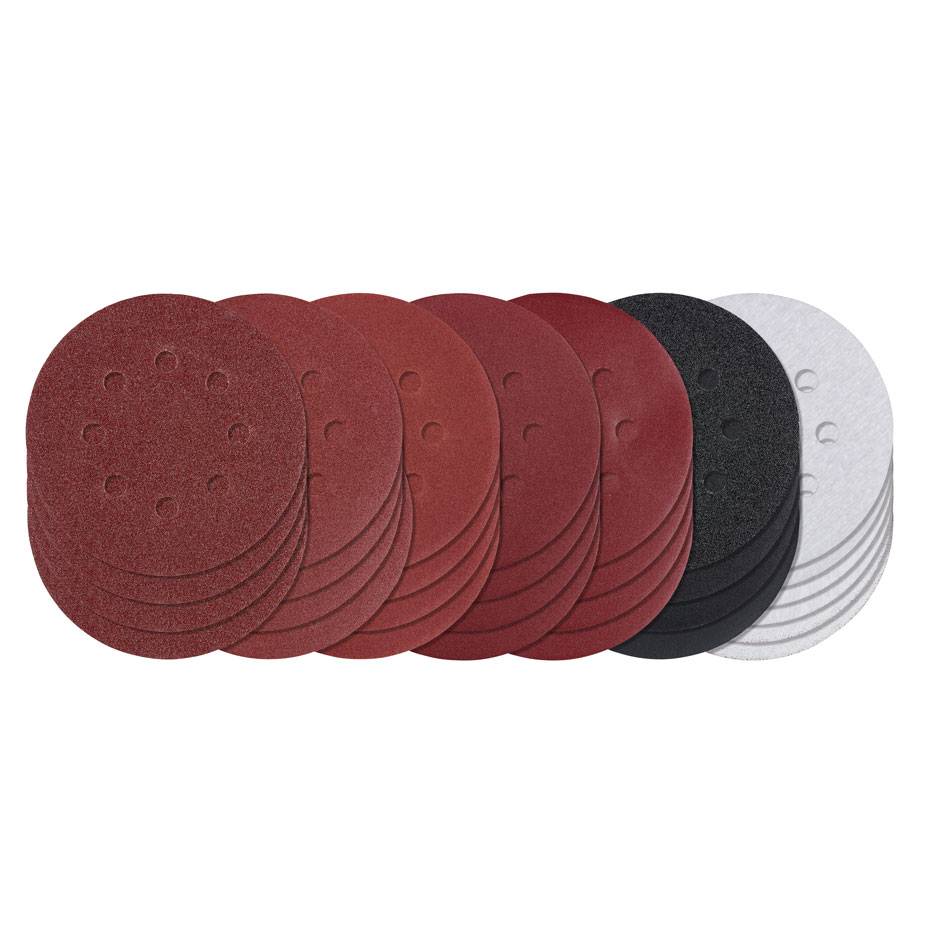 Variedade de discos de lixa redondos em diversas granulações e cores, incluindo vermelho, preto e branco.