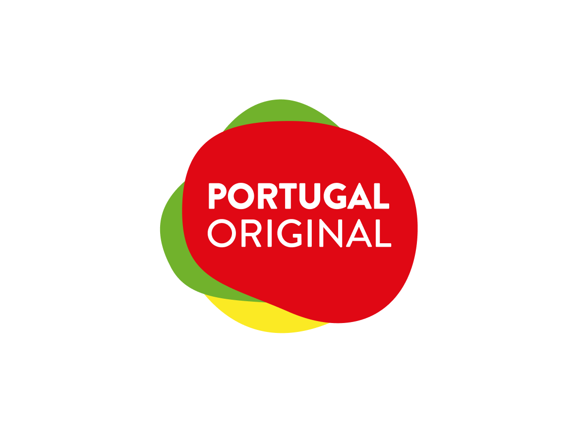 Logotipo 'Portugal Original' com fundo vermelho e detalhes verdes e amarelos.