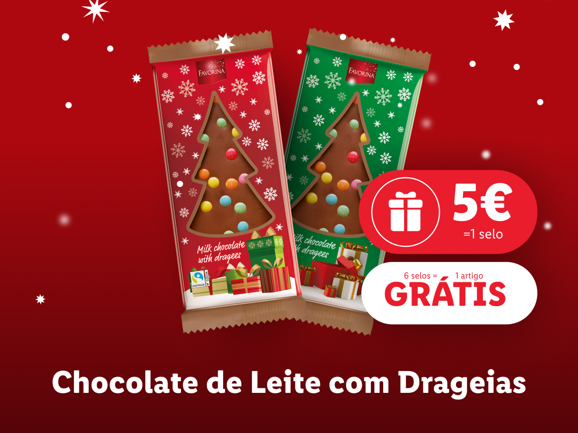 Chocolates de leite Favorina com drageias em forma de árvore de Natal, com oferta de um artigo a cada 6 selos.