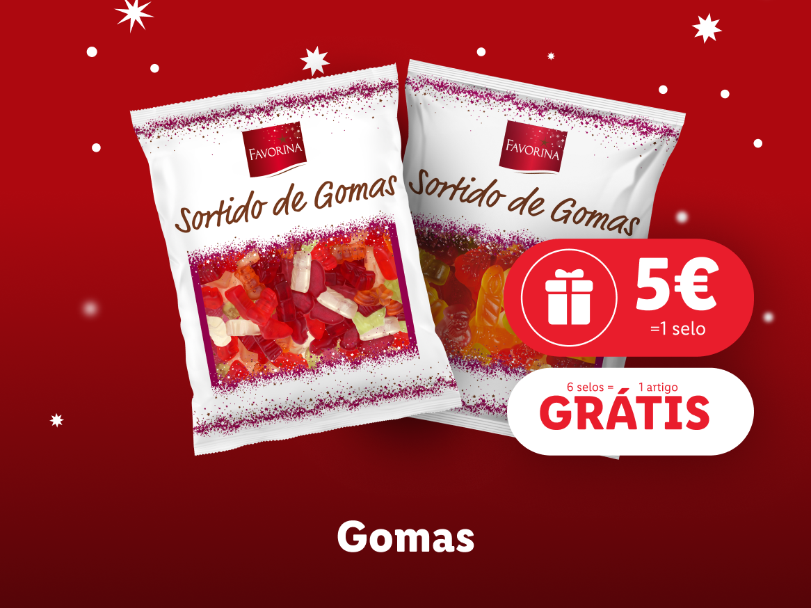 Duas embalagens de gomas Favorina, uma oferta de 5€ e a promoção '6 selos = 1 artigo GRÁTIS'.