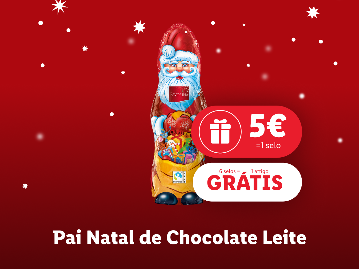 Pai Natal de chocolate Favorina com oferta de 1 artigo grátis por 6 selos.