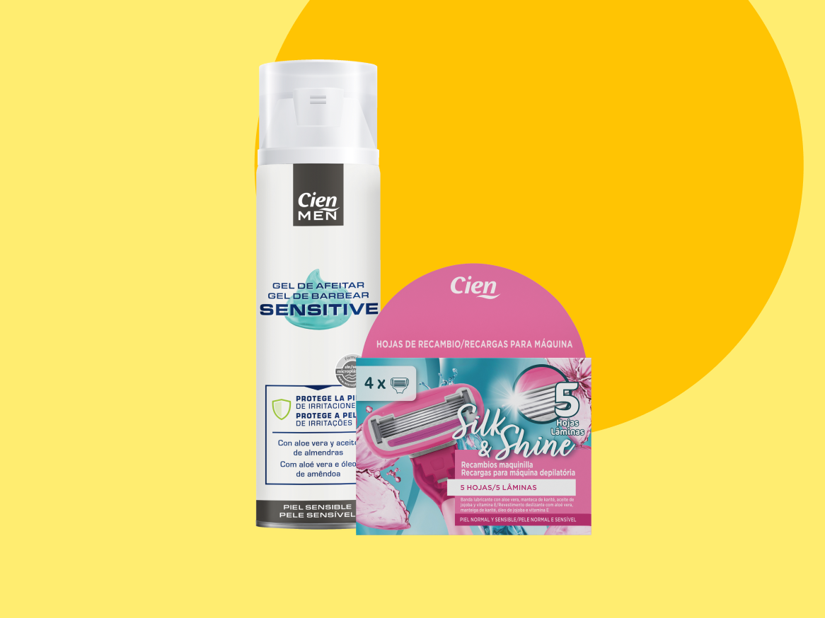 Gel e lâminas de barbear Cien Men Sensitive para pele sensível.