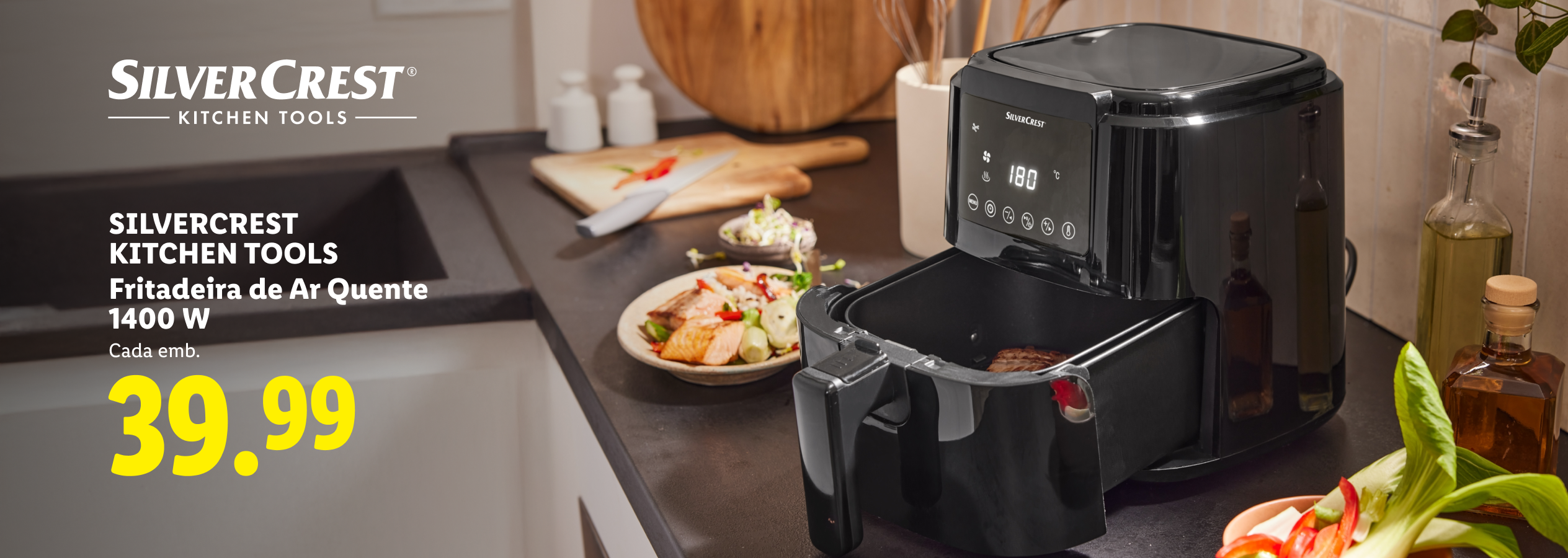 Fritadeira de ar quente de 1400W, com preço de 39.99, em ambiente de cozinha.