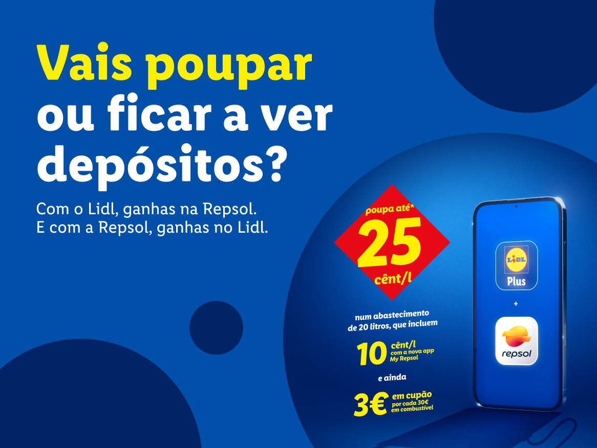 Anúncio de poupança de combustível Repsol e Lidl, com desconto de 25 cêntimos por litro.
