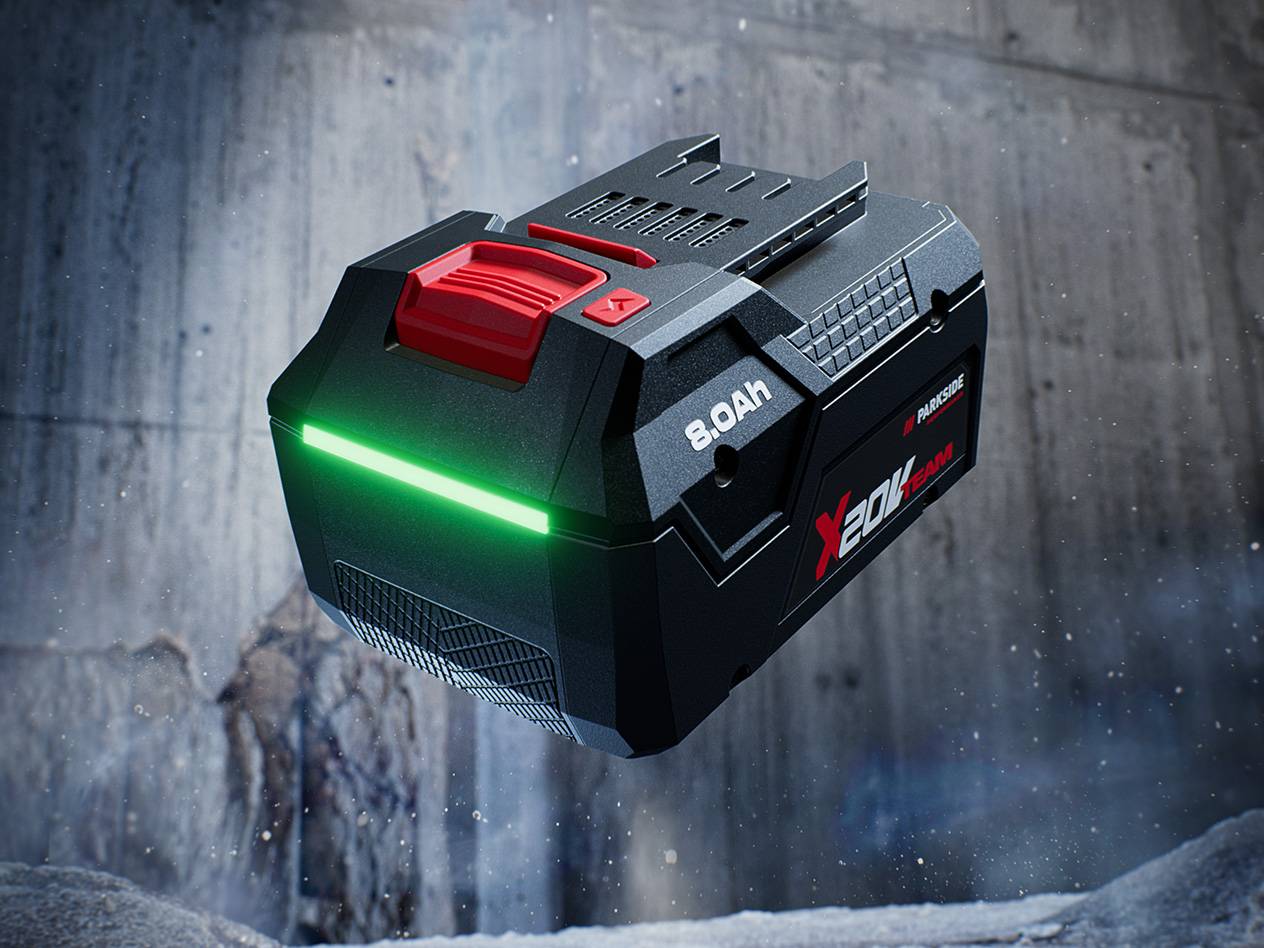 Bateria Parkside X 20V Team 8.0Ah com um indicador de carga verde brilhante.