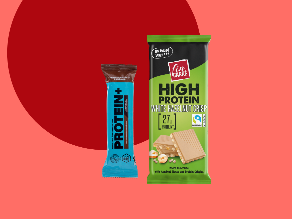 Barras de proteína Fin Carre e Protein+ em destaque, lado a lado.