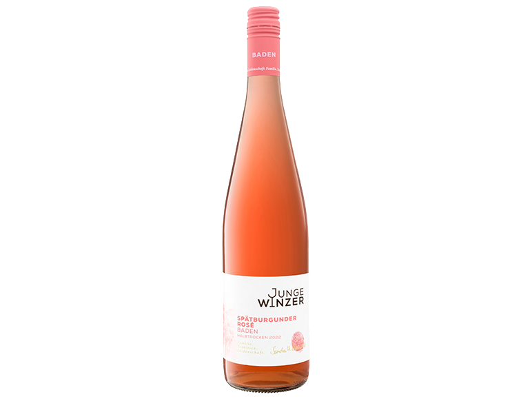 Uma garrafa de vinho Junge Winzer Spätburgunder Rosé com um rótulo rosa.