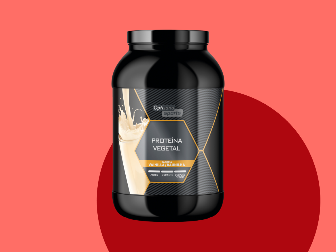 Pote de proteína vegetal Optisang Sports sabor baunilha.